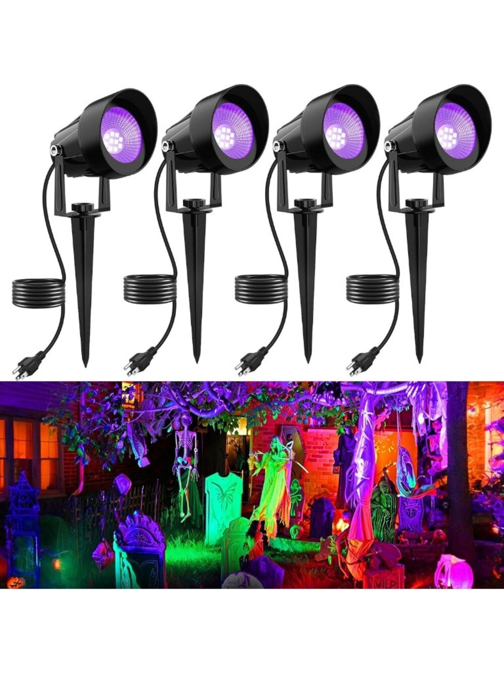 4 Pack Waterproof LED Black Light Spotlights for Halloween Glow Party & Garden